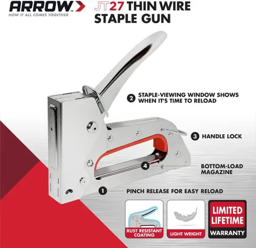 Miniatura 2 de Arrow JT27 - Pistola de grapas ligera para tapicería, manualidades, oficina, se adapta a grapas de alambre fino de 1/4", 5/16" o 3/8".