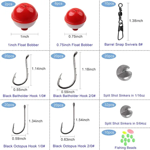 Miniatura 7 de Kit de aparejos de pesca, 160 piezas de bobbers básicos y ganchos surtidos con círculo de pulpo, ganchos de cebo, pesas de platina, caja de aparejos
