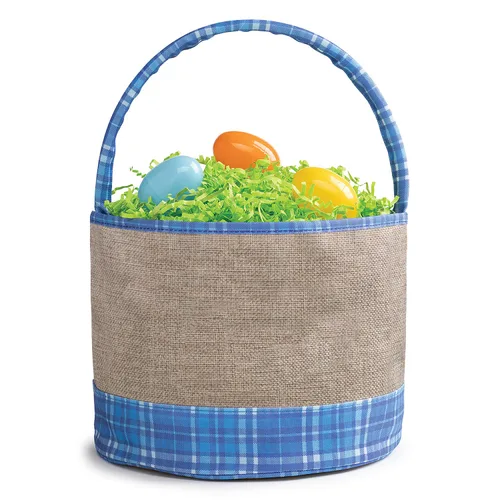 Miniatura 4 de Bolsa de cubo de Pascua personalizada con nombre personalizado Bolsa de Pascua de arpillera a cuadros azules con asa Cesta de huevos para niños