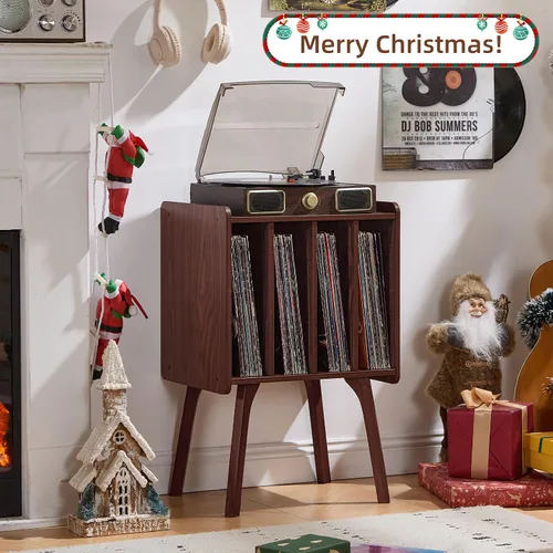 Miniatura 3 de LELELINKY Soporte para tocadiscos, mesa de almacenamiento de discos de vinilo de nogal con 4 gabinetes de hasta 100 álbumes, soporte para tocadiscos