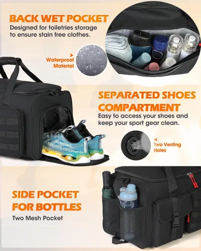Miniatura 6 de RAINSMORE Bolsa de gimnasio para hombres, bolsa de viaje deportiva de 45 litros con compartimento para zapatos y laptop, mochila de entrenamiento