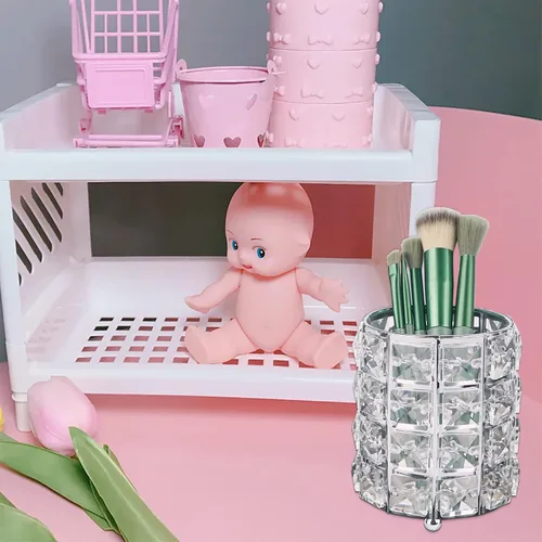 Miniatura 4 de LUEXBOX 4 soportes para brochas de maquillaje de cristal, organizador de herramientas de maquillaje brillantes, contenedor redondo de almacenamiento