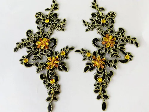 Miniatura 25 de Parches de tela de encaje fino bordados con diamantes de imitación bordados, decoración de vestido para coser en lentejuelas cuentas, accesorio