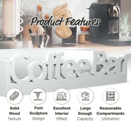 Miniatura 5 de Organizador de Barra de Café para Encimera – Caddy de Estación de Café de Madera con Compartimentos para Cápsulas, Condimentos, Té y Accesorios
