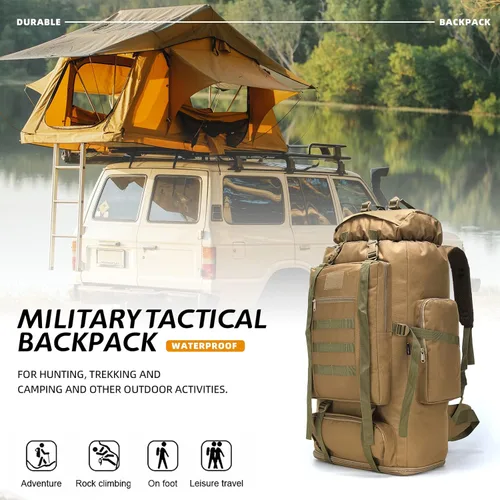Miniatura 5 de 70L/100L senderismo camping mochila MOLLE mochila impermeable Daypack para viajar, Caqui, Mochila de senderismo 100l