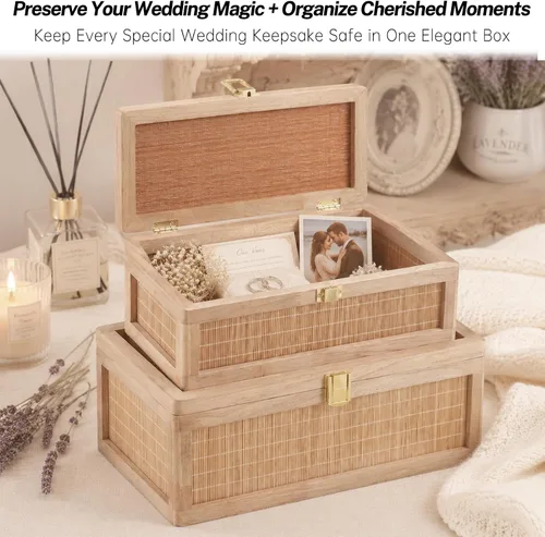Miniatura 5 de Caja decorativa de bambú natural con tapas, juego de 2 cajas decorativas únicas, caja de recuerdos de boda bohemia, caja de memoria con tapa