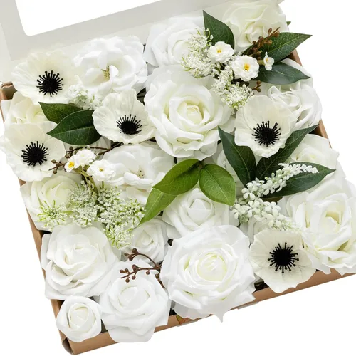 Miniatura 11 de Ling's moment Caja de Flores Falsas, Tallos de Vegetación Artificial Falsa Rosas de Espuma Dalias de Seda Hojas de Rosa Flor de Tela para Centros