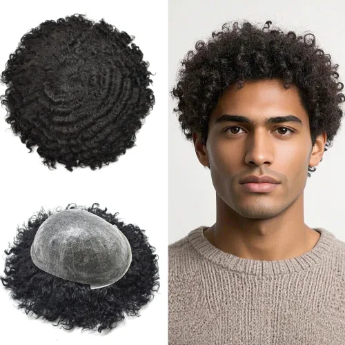 Miniatura 7 de FNY HAIR Afro Curl Toupee para hombres negros, sistema de reemplazo de piezas de cabello 100% humano, piel duradera, inyectada de PU, prótesis de 1#
