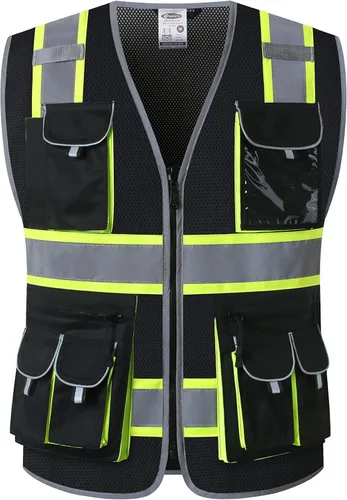 JKSafety - Chaleco de malla de alta visibilidad con 10 bolsillos, color neón, cremallera frontal para hombres y mujeres, utilidad de seguridad para