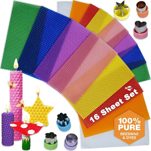 Kit de fabricación de velas de cera de abeja para niños - 100% cera de abeja pura (16 hojas multicolor) Suministros de enrollado de velas DIY para