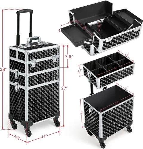 Miniatura 3 de Yaheetech Estuche de tren de maquillaje rodante 3 en 1, organizador de gran capacidad con ruedas giratorias, carrito cosmético para llaves para Negro