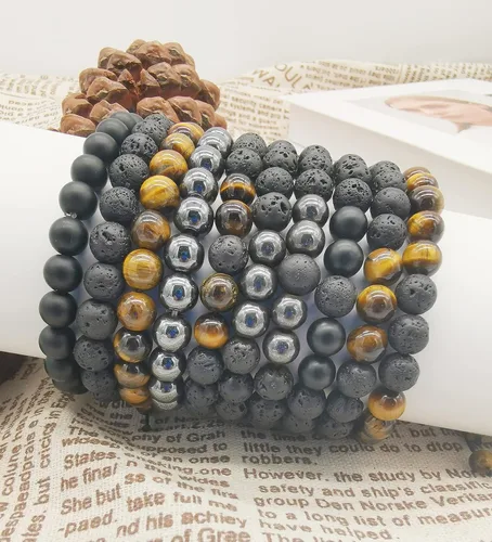Miniatura 7 de WAINIS 10 pulseras de cuentas de roca de lava para hombres y mujeres hematita de ojo de tigre ónix negro cuentas mate difusor de aceites esenciales