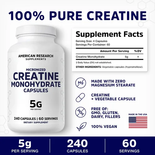 Miniatura 2 de Cápsulas de monohidrato de creatina 5G 60 porciones Veganas 4 cápsulas por porción Píldoras de creatina micronizada 5000 mg 240 cápsulas