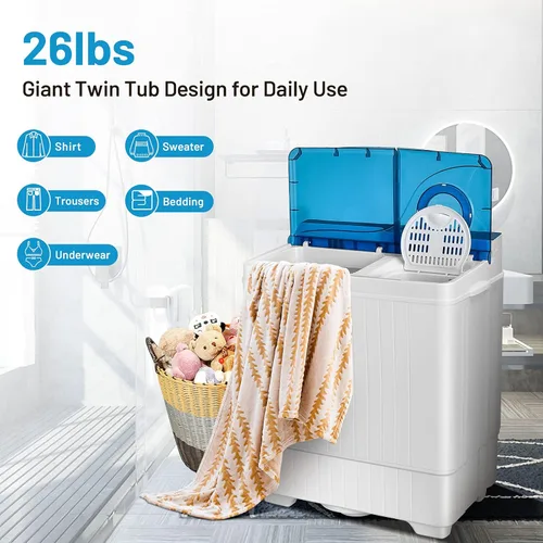 Miniatura 6 de Giantex Lavadora semiautomática, lavadora de doble tina con secadora de centrifugado, capacidad de 26 libras, bomba de drenaje integrada, lavadora
