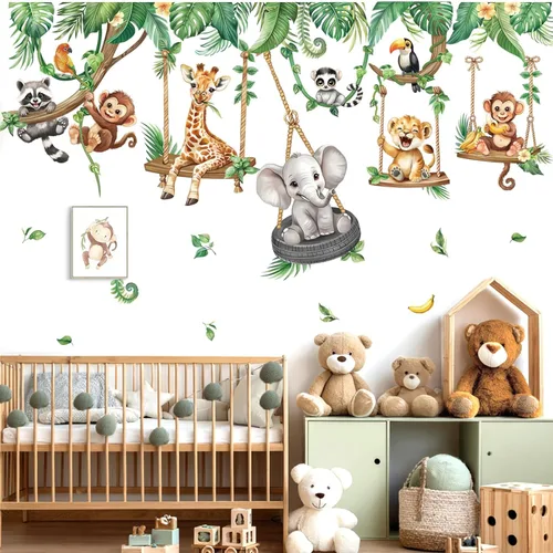 decalmile Pegatinas de pared de animales de la selva en columpios, animales de safari, elefante, jirafa, mono, hojas tropicales, calcomanías de