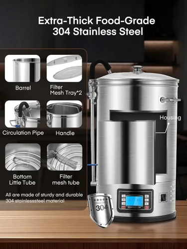 Miniatura 8 de FOHERE Sistema de elaboración de cerveza eléctrico todo en uno (9.2 galones/35L), cervecera casera de acero inoxidable, olla para puré y hervir