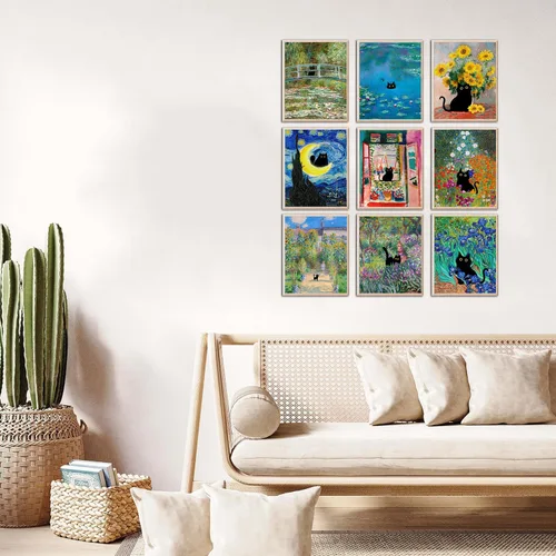 Miniatura 3 de Kizbok Juego de 9 carteles divertidos de gato negro, impresiones artísticas de pared de gato negro vintage de Monet Matisse Van Gogh, gatos negros