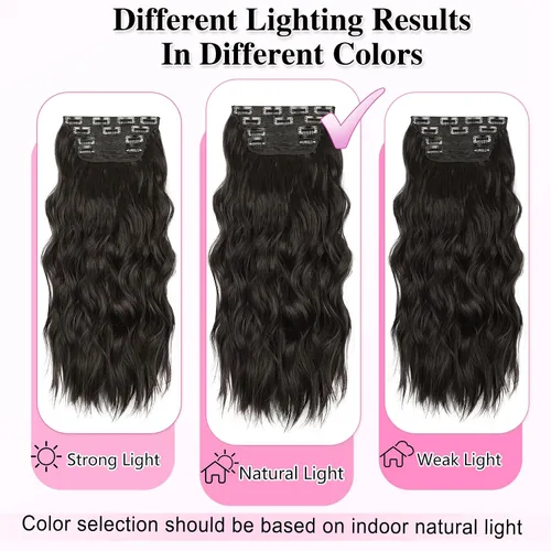 Miniatura 8 de ALXNAN Extensiones de cabello sintético largo y ondulado con clip, de 16 pulgadas, color negro natural, 4 piezas gruesas, fibra de doble trama