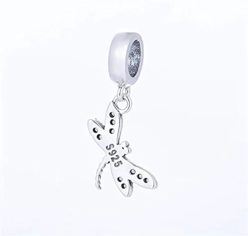 Miniatura 2 de Encantos colgantes de libélula brillante de plata de ley 925 para pulsera europea, Plata esterlina, plateado