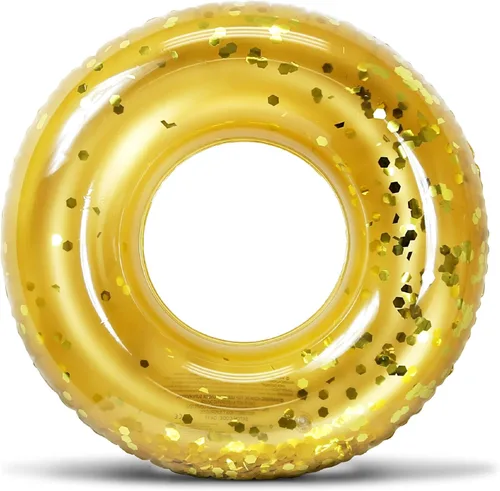 POZA Flotador de Tubo Inflable para Piscina – Anillo de natación de confeti brillante, Tubo Inflable de Servicio Pesado Resistente a los Rayos UV Oro