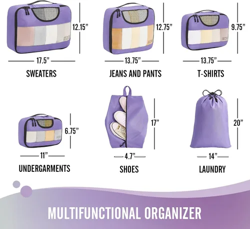 Miniatura 6 de Veken - Juego de 6 cubos de embalaje para maletas, bolsas organizadoras de viaje para equipaje de mano, juego de bolsas organizadoras de maleta