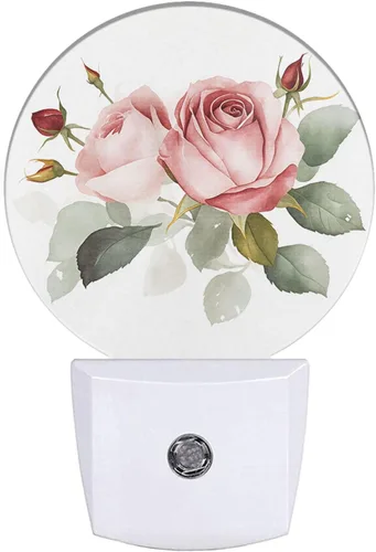 Luz nocturna retro con diseño de rosas y flores de flores y hojas verdes, ramo de flores LED del atardecer al amanecer, luz nocturna enchufable,