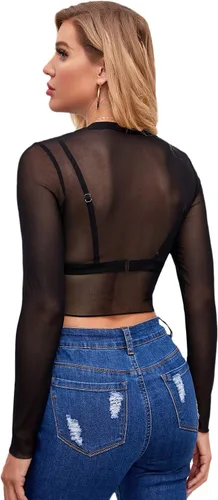 Miniatura 2 de Verdusa Camiseta básica de manga larga para mujer, de malla transparente