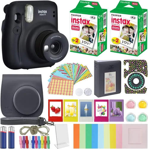 Cámara instantánea Fujifilm Instax Mini 11 gris carbón + paquete de accesorios MiniMate + paquete de accesorios de película fotográfica Fuji Instax