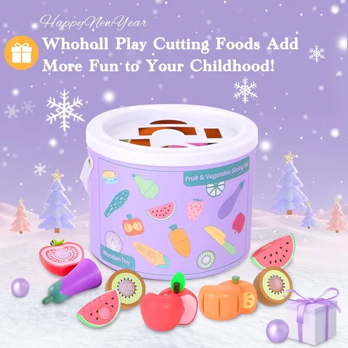 Miniatura 6 de WHOHOLL Juego de 42 piezas de comida de juego para jugar, accesorios de cocina, juguetes de madera para cortar alimentos, frutas y verduras