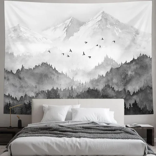 Miniatura 3 de kampdream Tapiz de bosque de montaña, tapiz de pared con diseño de árbol blanco y negro brumoso, paisaje de acuarela, tapiz de paisaje natural