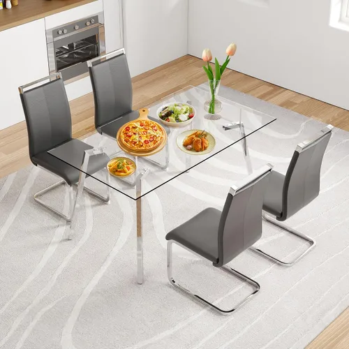Miniatura 34 de Juego de mesa de comedor de cristal para 4, mesa rectangular con 4 sillas de cocina de cuero gris, juego de comedor de cocina de 51 pulgadas, mesa 4