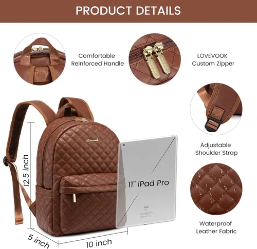 Miniatura 5 de LOVEVOOK Mochila pequeña acolchada para mujer, mochila de cuero, impermeable, para viajes de trabajo, Marrón, Compacto