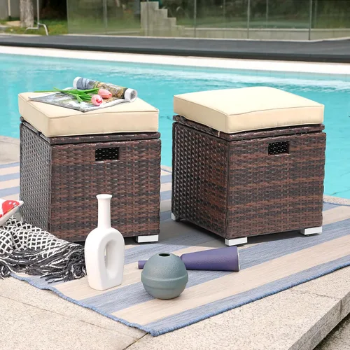 Miniatura 2 de Patiorama Otomanas de mimbre de ratán de polietileno marrón con almacenamiento, reposapiés para exteriores con cojín grueso, asa integrada para Beige