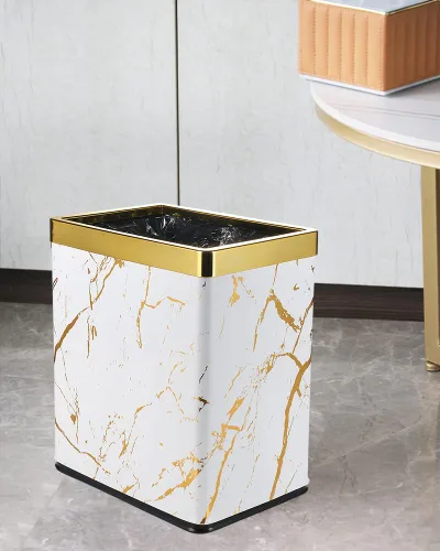 Miniatura 3 de Basurero pequeño de oficina para dormitorio, papelera rectangular delgada para baño, cocina, 2.6 galones (mármol blanco dorado)