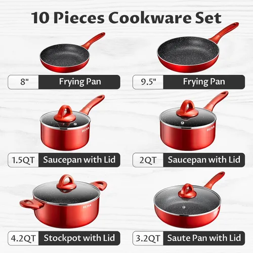 Miniatura 2 de Juego de ollas y sartenes de cocina de inducción de 10 piezas, sartenes de cocina antiadherentes BEZIA aptas para lavavajillas, mango de baquelita