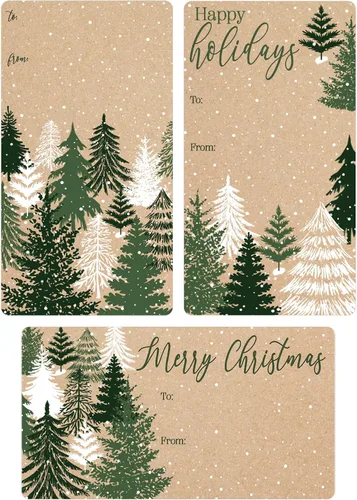 Miniatura 12 de Etiquetas de regalo con árbol de Navidad y cardenal rojo – Etiquetas autoadhesivas para envolver regalos navideños sobre fondo kraft – 42 etiquetas