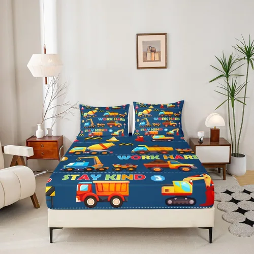 Miniatura 4 de Manfei Sábana bajera ajustable de dibujos animados para niños, tamaño individual, bonito juego de ropa de cama con excavadora, camión, tractor