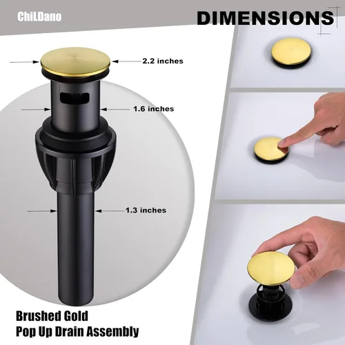 Miniatura 3 de ChiLDano Grifo de baño de oro cepillado, grifo de lavabo de baño extendido de 8 pulgadas de 3 orificios con desagüe y manguera, grifo de baño dorado
