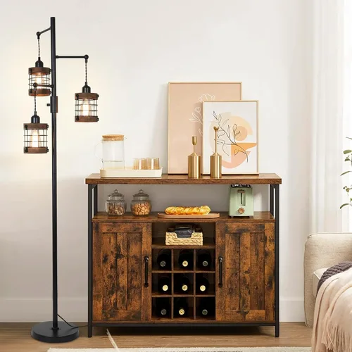 Miniatura 6 de Lámparas de pie regulables para sala de estar, lámpara de pie industrial de 3 luces con jaula de madera y metal, lámpara de pie de granja lámpara