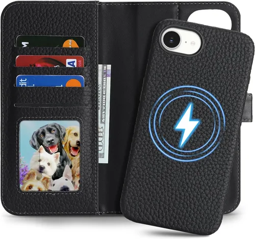 Miniatura 31 de Funda desmontable de piel auténtica para iPhone 13/14, funda magnética 2 en 1 extraíble, soporte de carga MagSafe, función de soporte para tarjetas