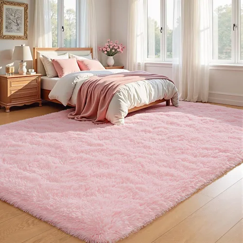 Miniatura 5 de Keeko Alfombras de área de color rosa esponjosas para dormitorio, habitación de niñas, 4 x 5.3 pies, bonita alfombra de pelo largo para habitación