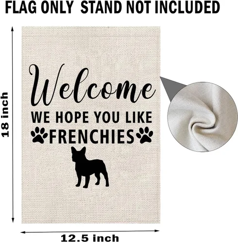 Miniatura 4 de PWHAOO Bandera de jardín de Frenchie Bandera de bulldog francés, bandera de bienvenida con texto en inglés "Welcome We Hope You Like Frenchies F