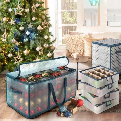 Miniatura 4 de Caja grande de almacenamiento para adornos navideños con divisores ajustables - Contenedor de almacenamiento de adornos de plástico para 128 adornos