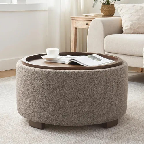 Miniatura 16 de Zihanhome Mesa de Centro Otomana de Almacenamiento Redonda de 30 Pulgadas, Otomana Boucle Moderna con Tapa Desmontable y Patas de Madera Maciza
