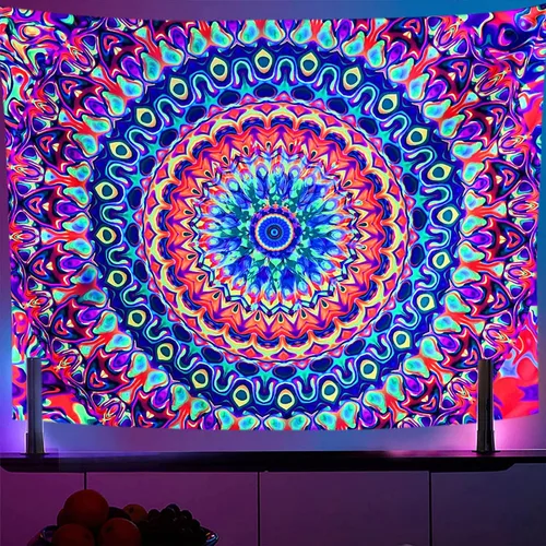 Miniatura 9 de OSVINO Tapiz de mandala trippy de luz negra, 59 x 51 pulgadas, tapiz de fantasía reactiva a los rayos UV, decoración de pared para sala de estar