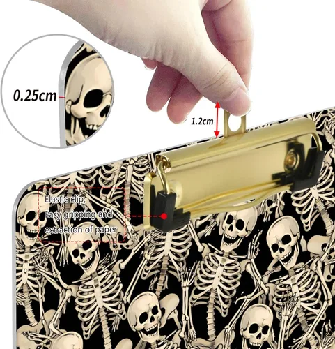 Miniatura 3 de ALAZA Fun Skeletons - Portapapeles de acrílico tamaño carta A4 con clip de perfil bajo para oficina en casa, hombres y mujeres, clip de color dorado