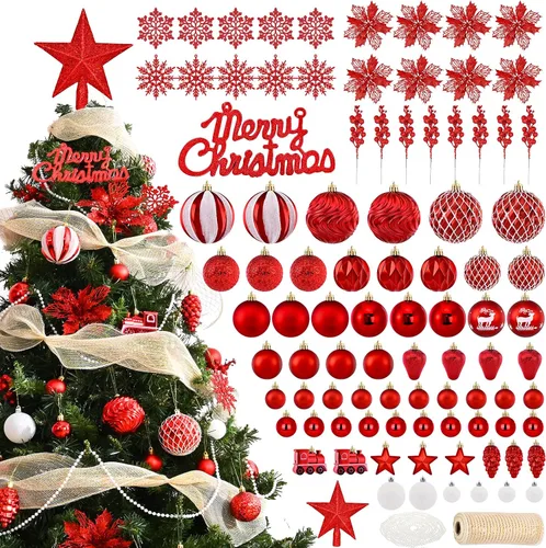 Ktinnead Juego de 94 piezas de decoración para árbol de Navidad, adornos rojos inastillables para colgar en el árbol de Navidad con flores de pascua