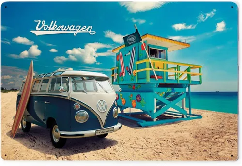 BRISA VW Collection - Letrero de hojalata retro de Volkswagen, decoración vintage de metal en diseño de autobús T1 (vida playera/multicolor)