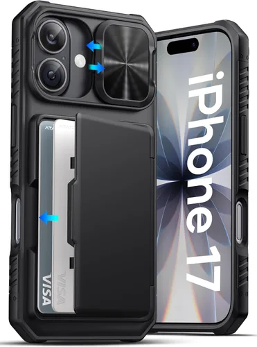 ATATOO Funda tipo cartera para iPhone 17, tarjetero integrado (3-5 tarjetas), funda para cámara deslizante y bloqueo RFID, protección de grado Negro