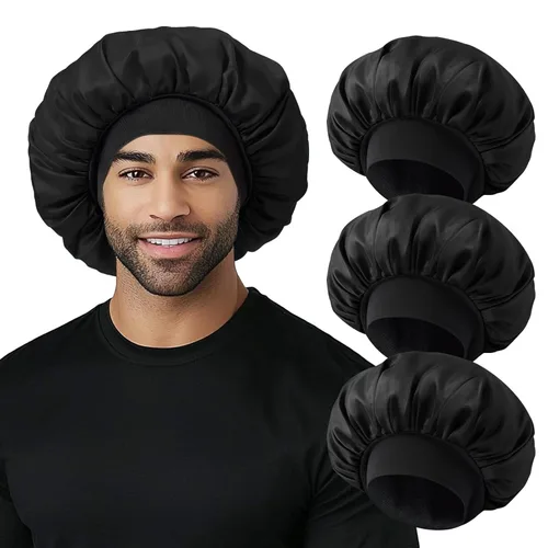 Miniatura 9 de Gorro para hombre, gorro de doble capa para dormir, gorro de dormir ajustable con banda elástica, gorros de satén de seda para trenzas de cabello